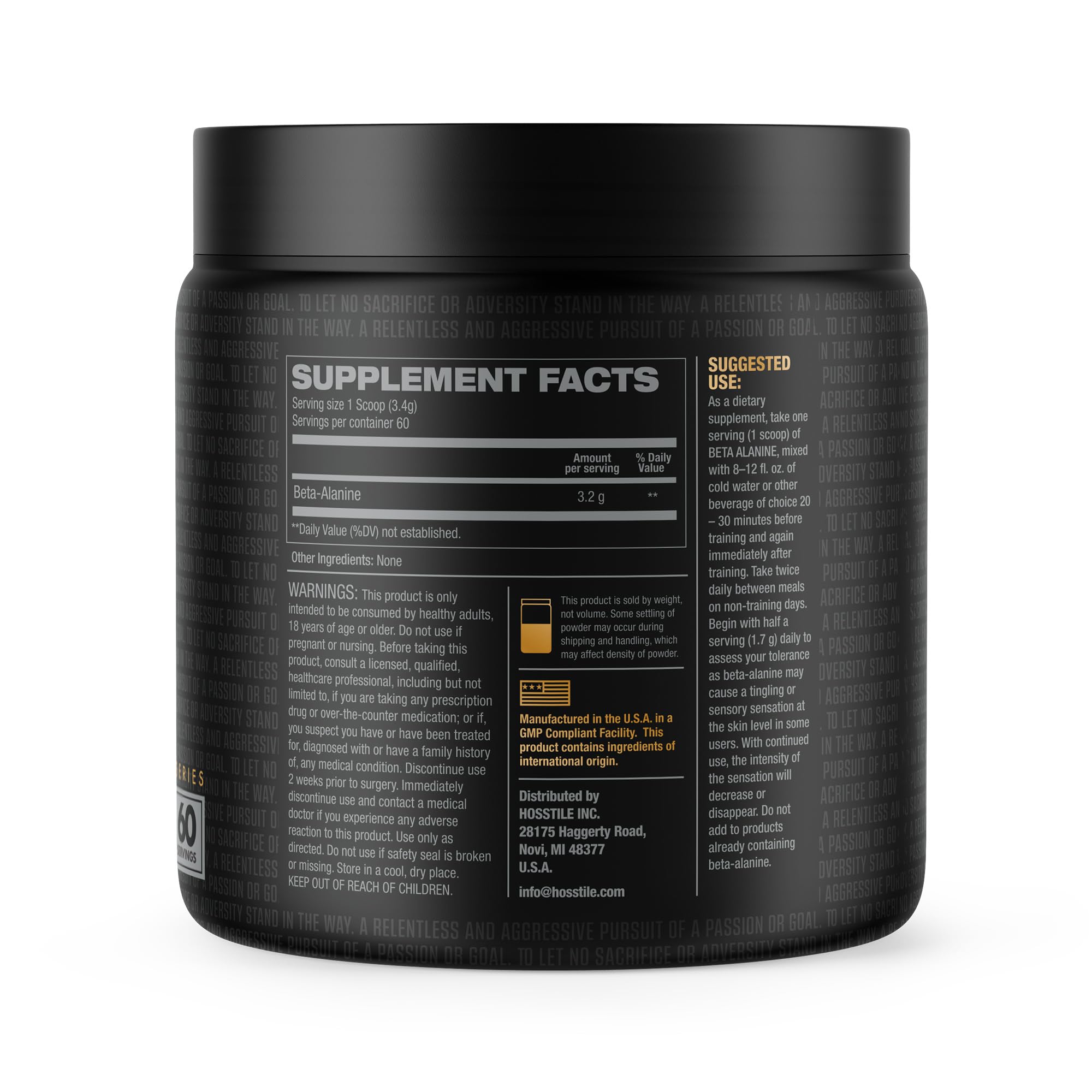 HOSSTILE Beta-Alanine powder tub with 60 servings for steady training.
