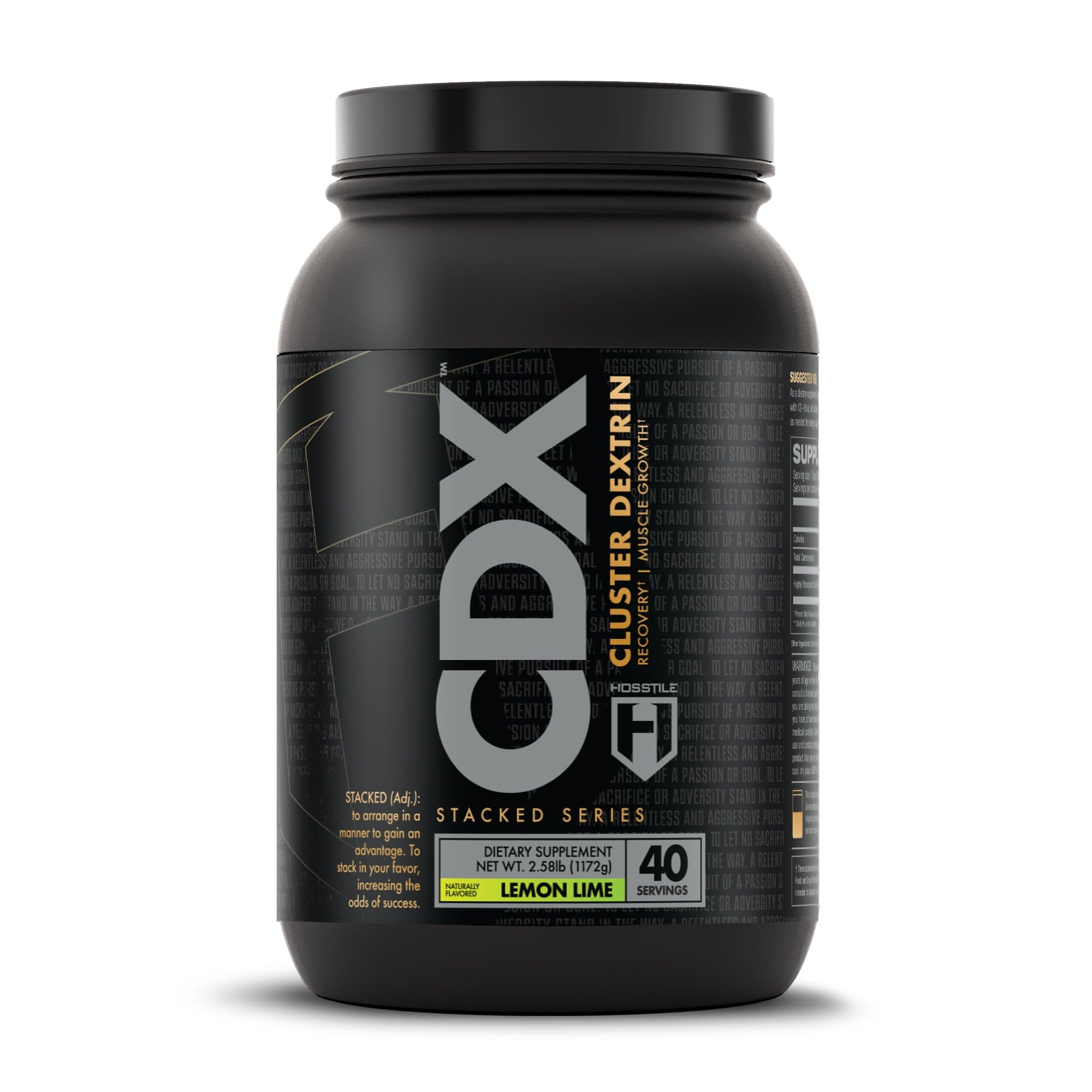 HOSSTILE CDX cluster dextrin powder bottle with lemon-lime flavor for pre- and post-workout energy