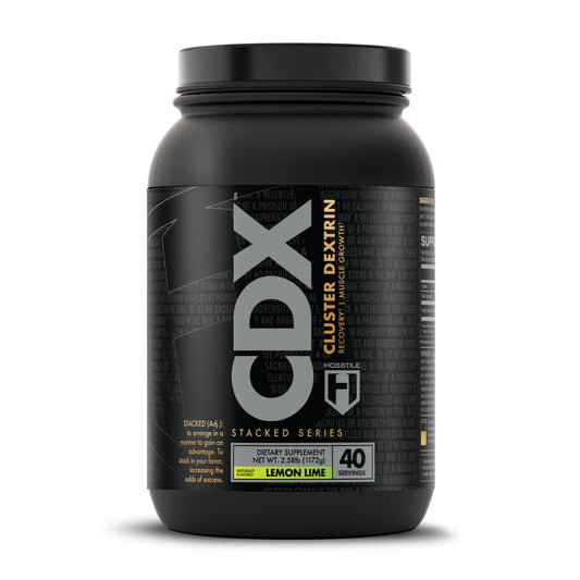 HOSSTILE CDX cluster dextrin powder bottle with lemon-lime flavor for pre- and post-workout energy