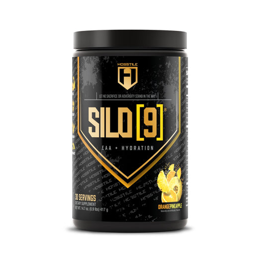 HOSSTILE SILO[9] EAA orange pineapple bottle pour supports hydration during workouts.