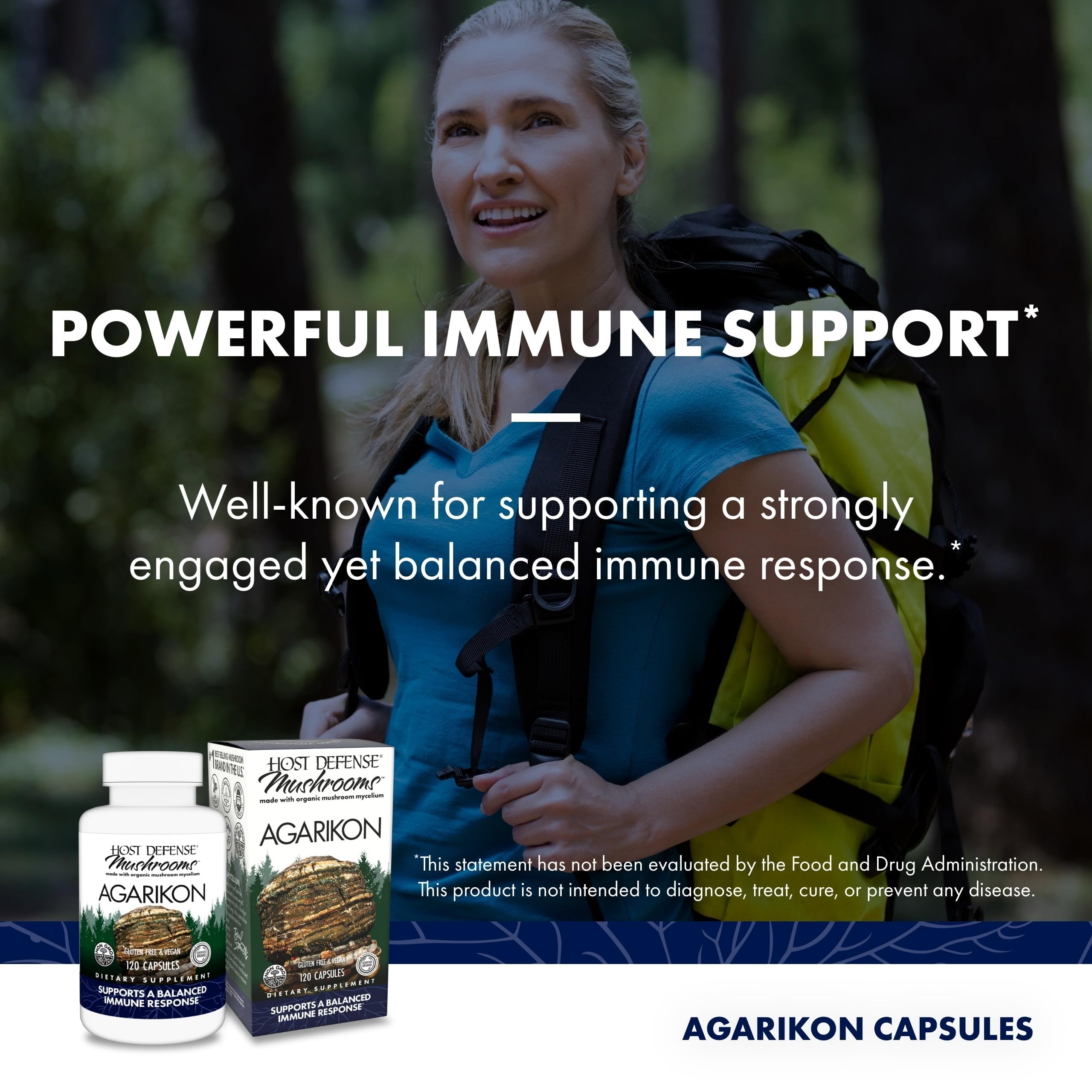Ingredients panel of Host Defense Agarikon capsules showing mushroom mycelium