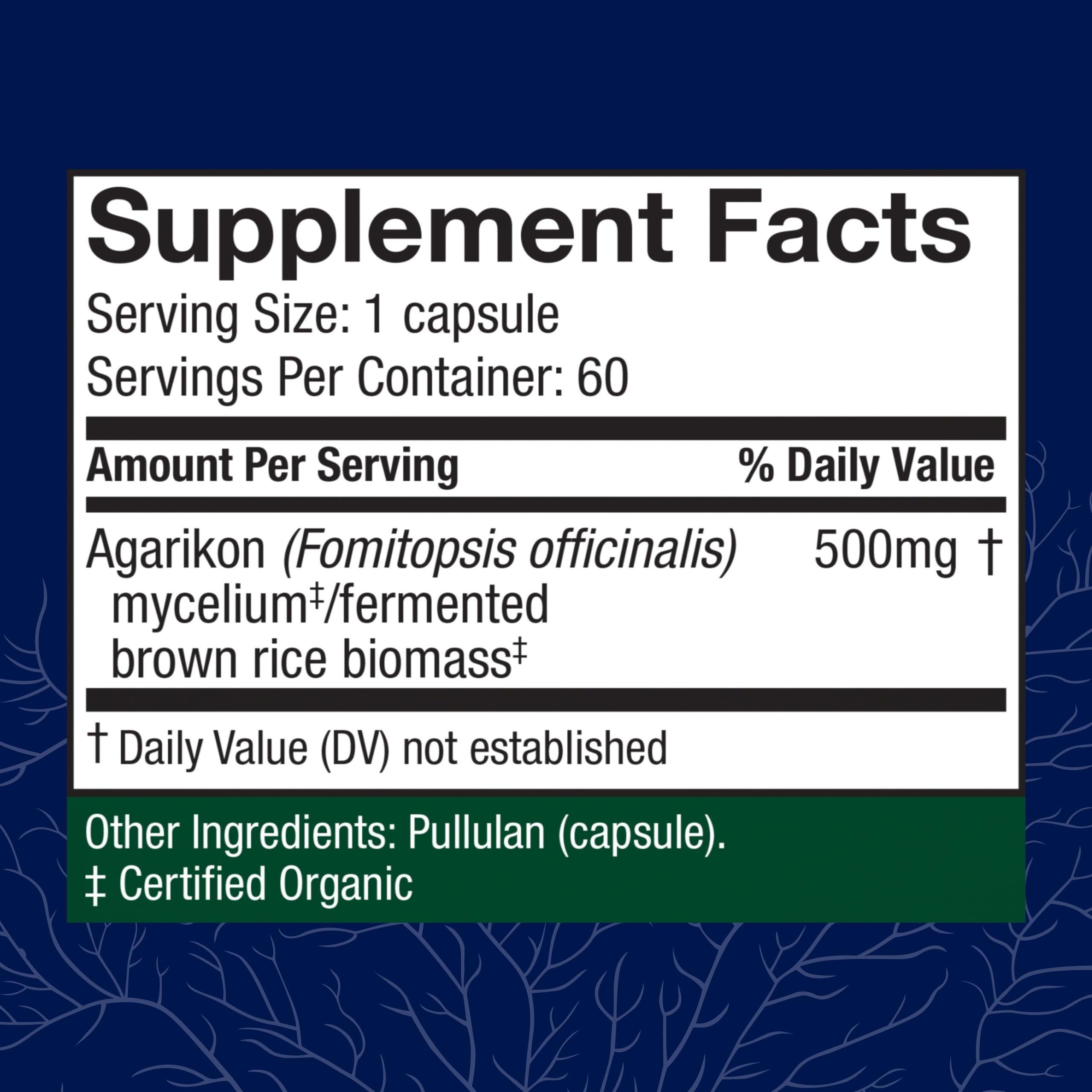 Host Defense Agarikon capsules label close-up highlighting Agarikon mushroom.