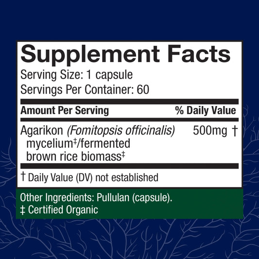 Host Defense Agarikon capsules label close-up highlighting Agarikon mushroom.