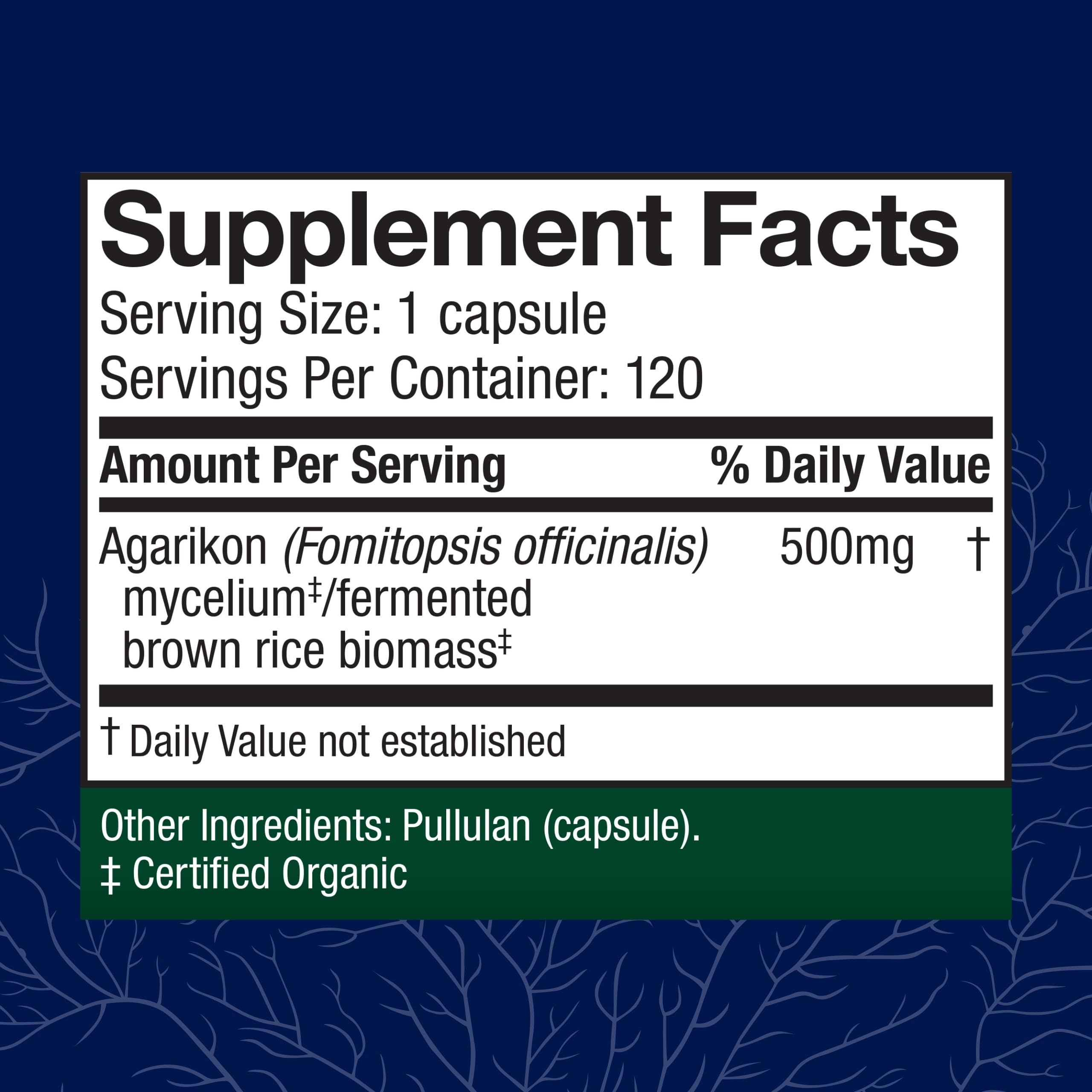 Host Defense Agarikon capsules label highlights organic mushroom ingredients