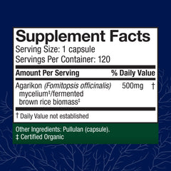 Host Defense Agarikon capsules label highlights organic mushroom ingredients