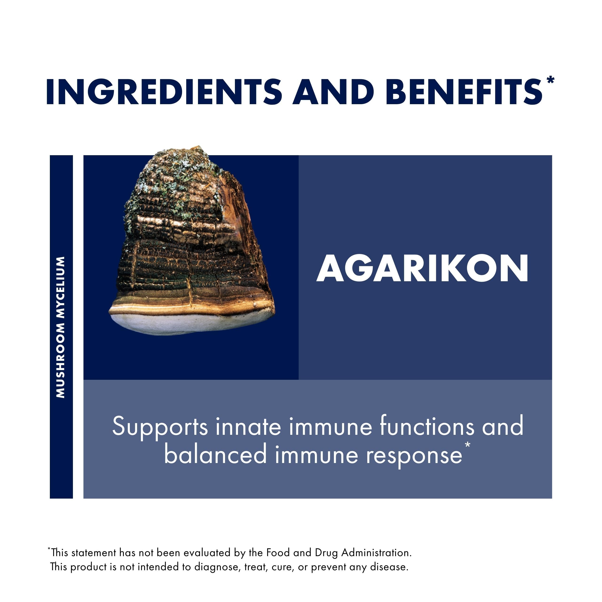 Host Defense Agarikon capsules show organic mushroom mycelium content.