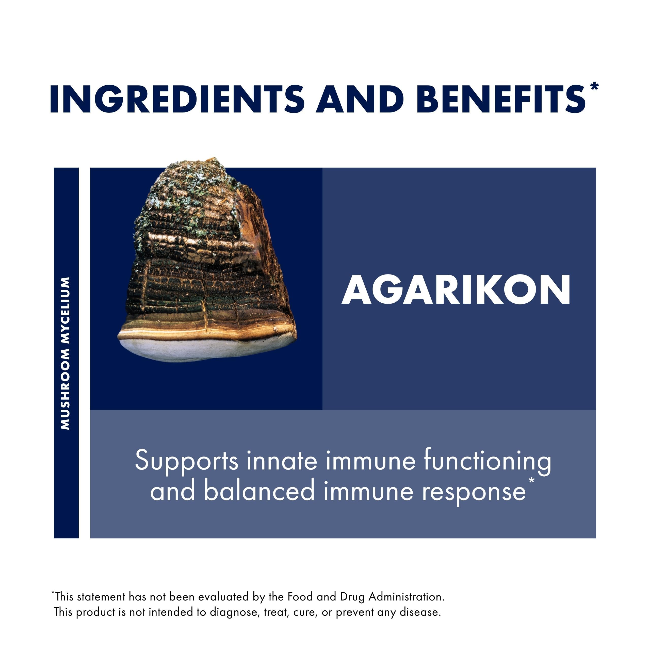 Packaging of Host Defense Agarikon capsules showing USA-grown, gluten-free, organic seal