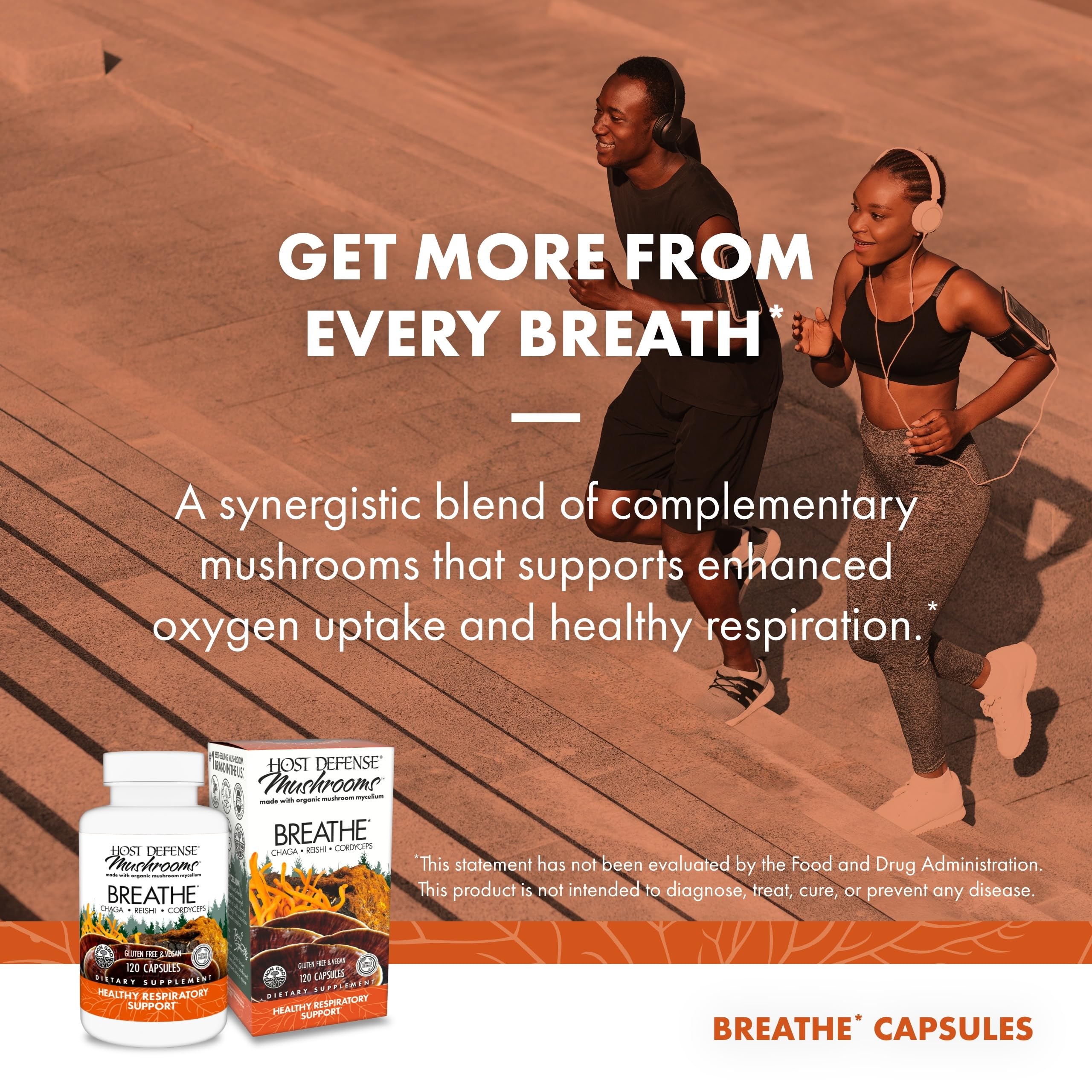 Host Defense Breathe Capsules packaging box displaying brand and certification
