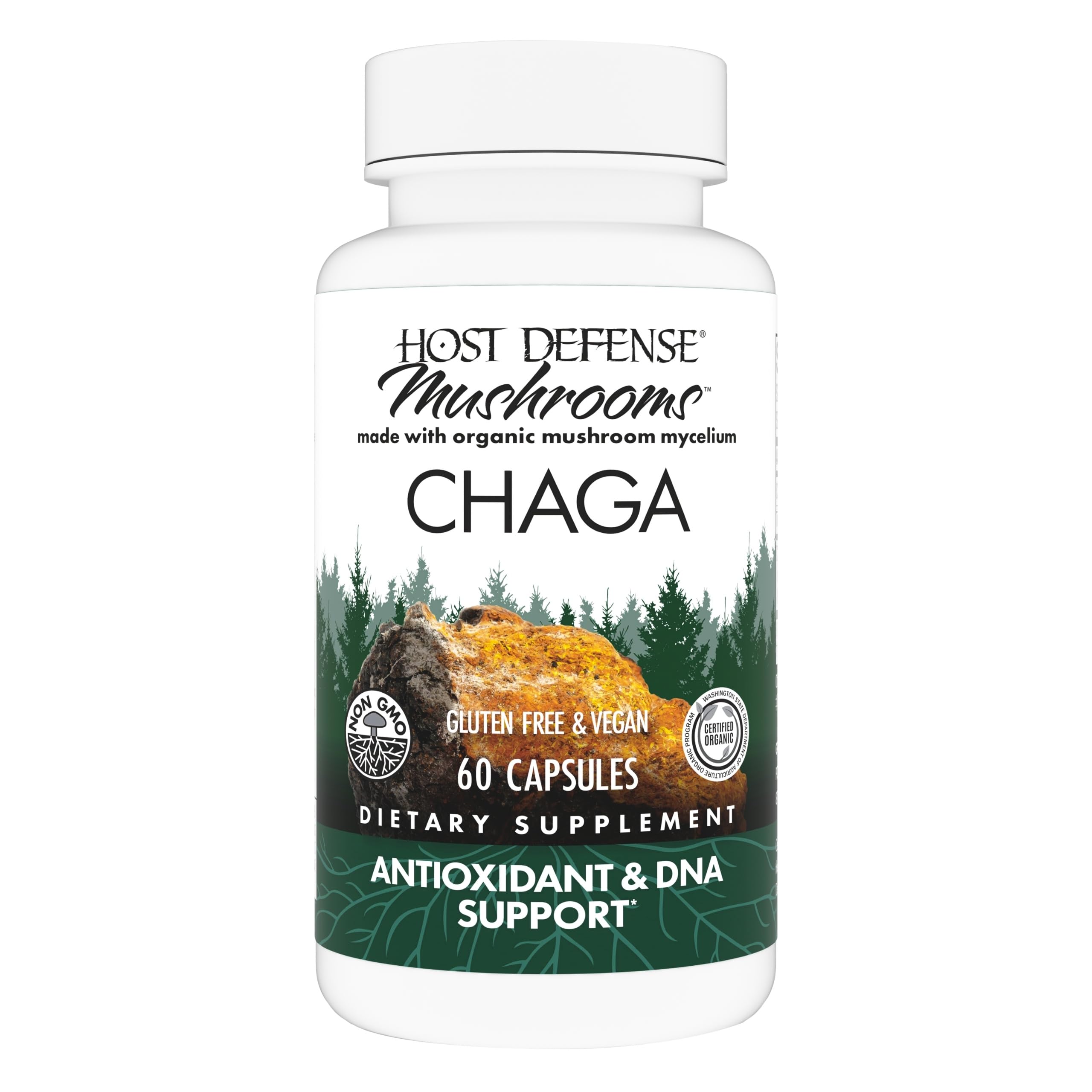 Host Defense Chaga Capsules bottle on a clean counter, hinting at immune support