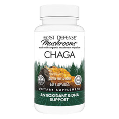Host Defense Chaga Capsules bottle on a clean counter, hinting at immune support