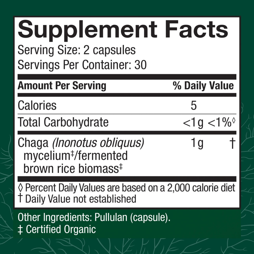 Host Defense Chaga Capsules close-up, suggesting antioxidant activity in a daily routine