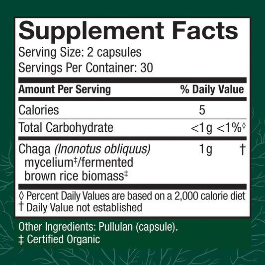 Host Defense Chaga Capsules close-up, suggesting antioxidant activity in a daily routine
