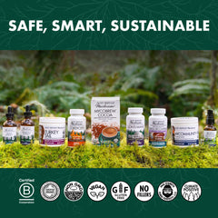 Host Defense Chaga Capsules labeled bottle with certification icons signaling quality and safety