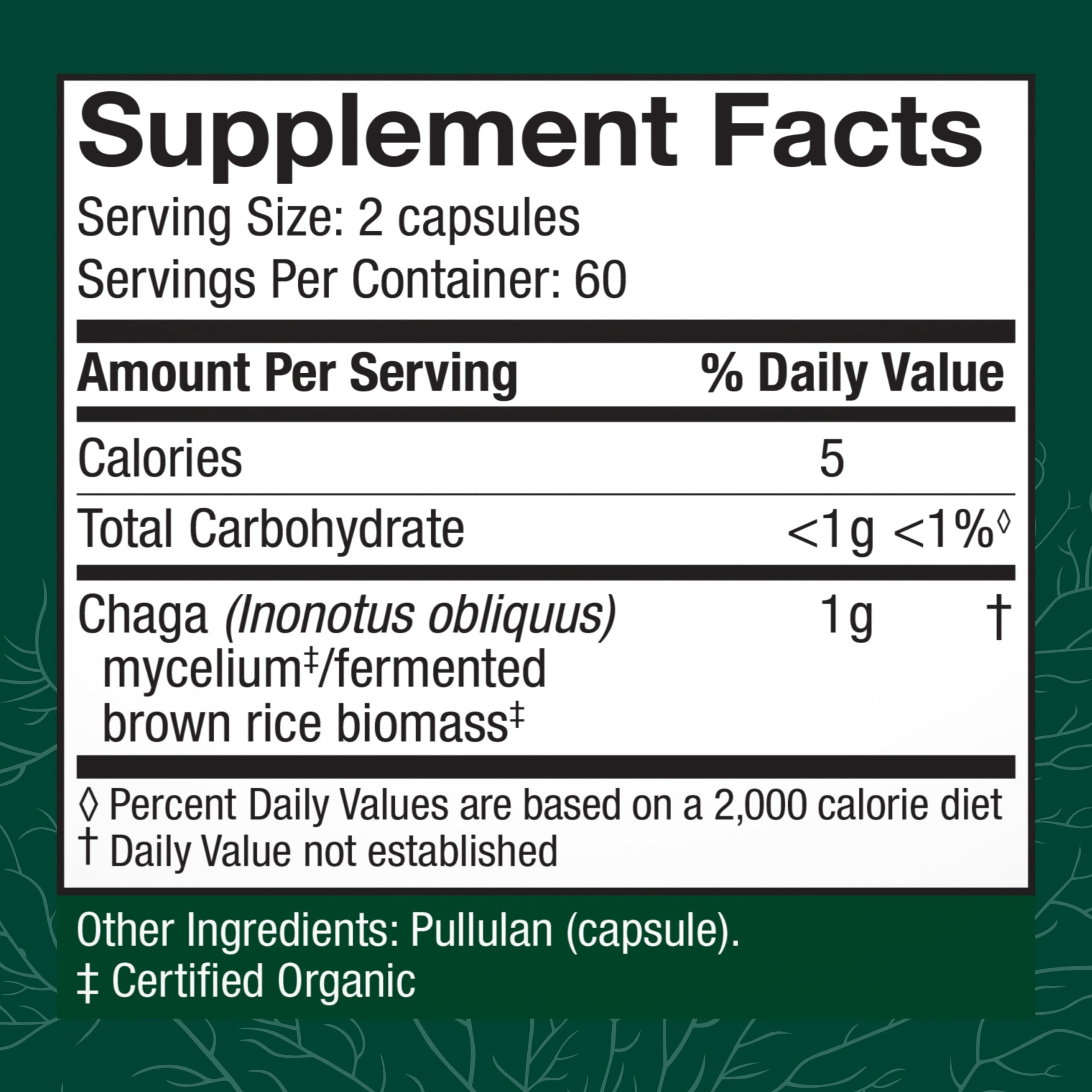 Host Defense Chaga Capsules label closeup highlighting organic, non-GMO ingredients.