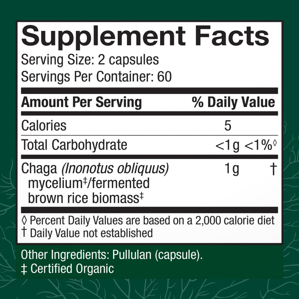 Host Defense Chaga Capsules label closeup highlighting organic, non-GMO ingredients.