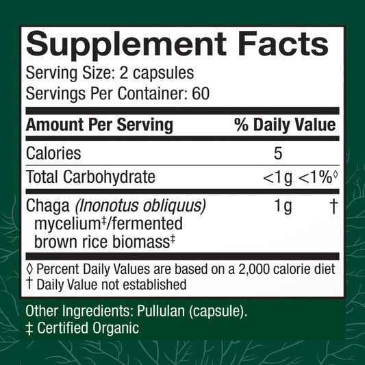 Host Defense Chaga Capsules label closeup highlighting organic, non-GMO ingredients.