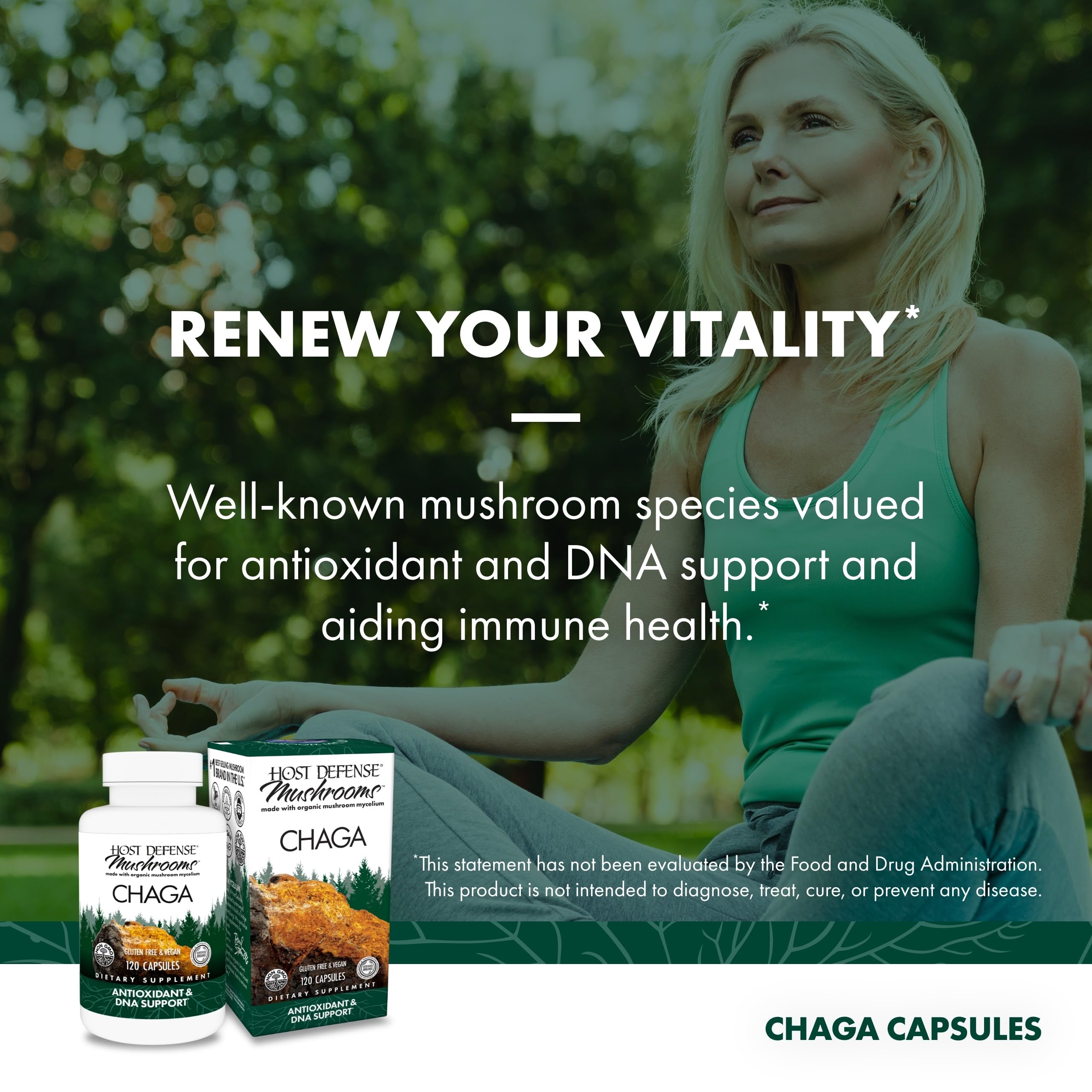 Host Defense Chaga Mushrooms in bowl showcase natural ingredients for wellness.
