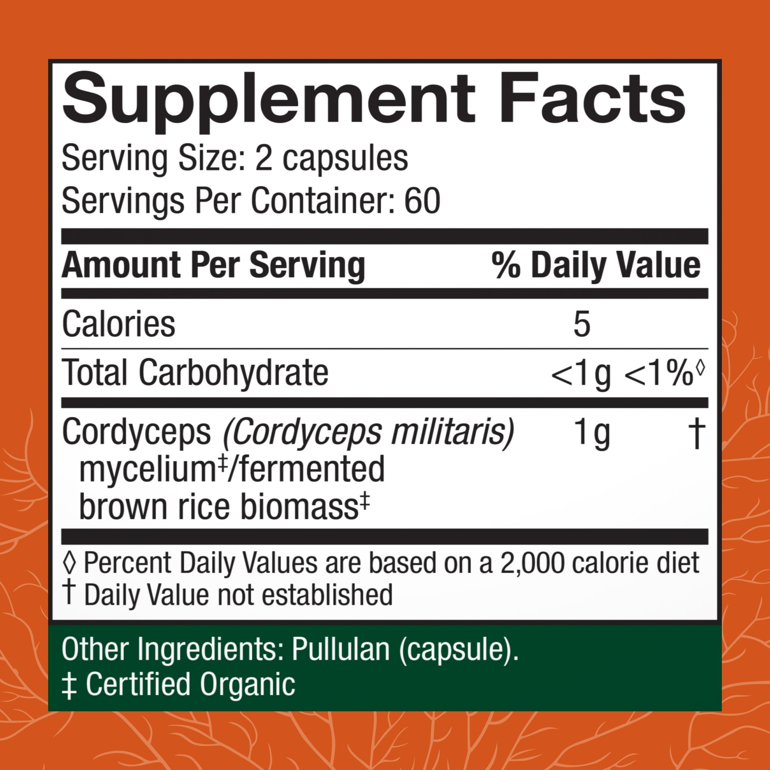 Host Defense Cordyceps capsules back panel view with dosage guidance