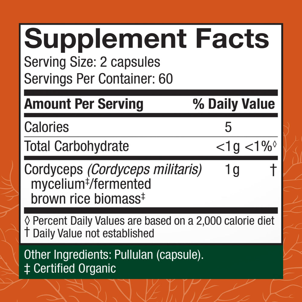 Host Defense Cordyceps capsules back panel view with dosage guidance