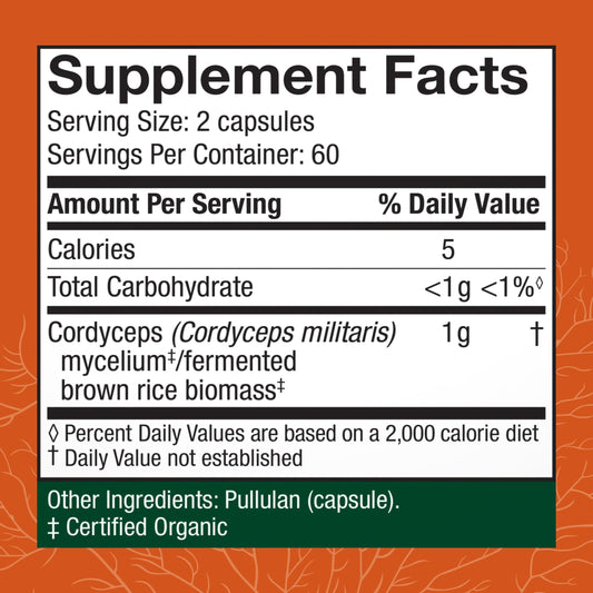 Host Defense Cordyceps capsules back panel view with dosage guidance