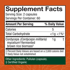Host Defense Cordyceps capsules back panel view with dosage guidance