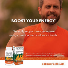 Host Defense Cordyceps capsules in a workout setup suggesting oxygen uptake support