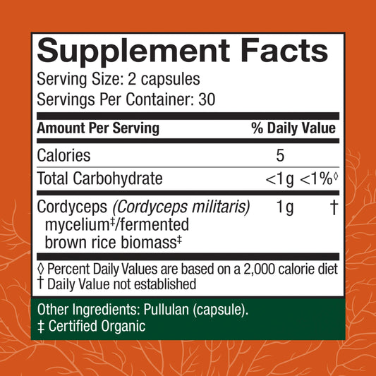 Host Defense Cordyceps capsules ingredients close-up featuring organic mushroom mycelium