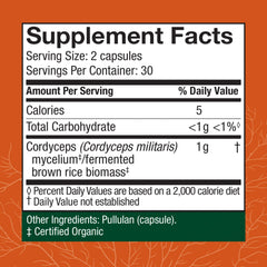 Host Defense Cordyceps capsules ingredients close-up featuring organic mushroom mycelium