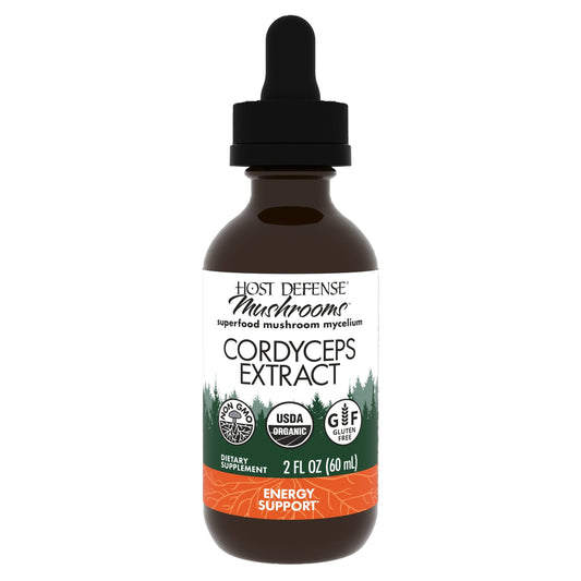 Host Defense Cordyceps extract bottle showing final product and branding for immune support potential