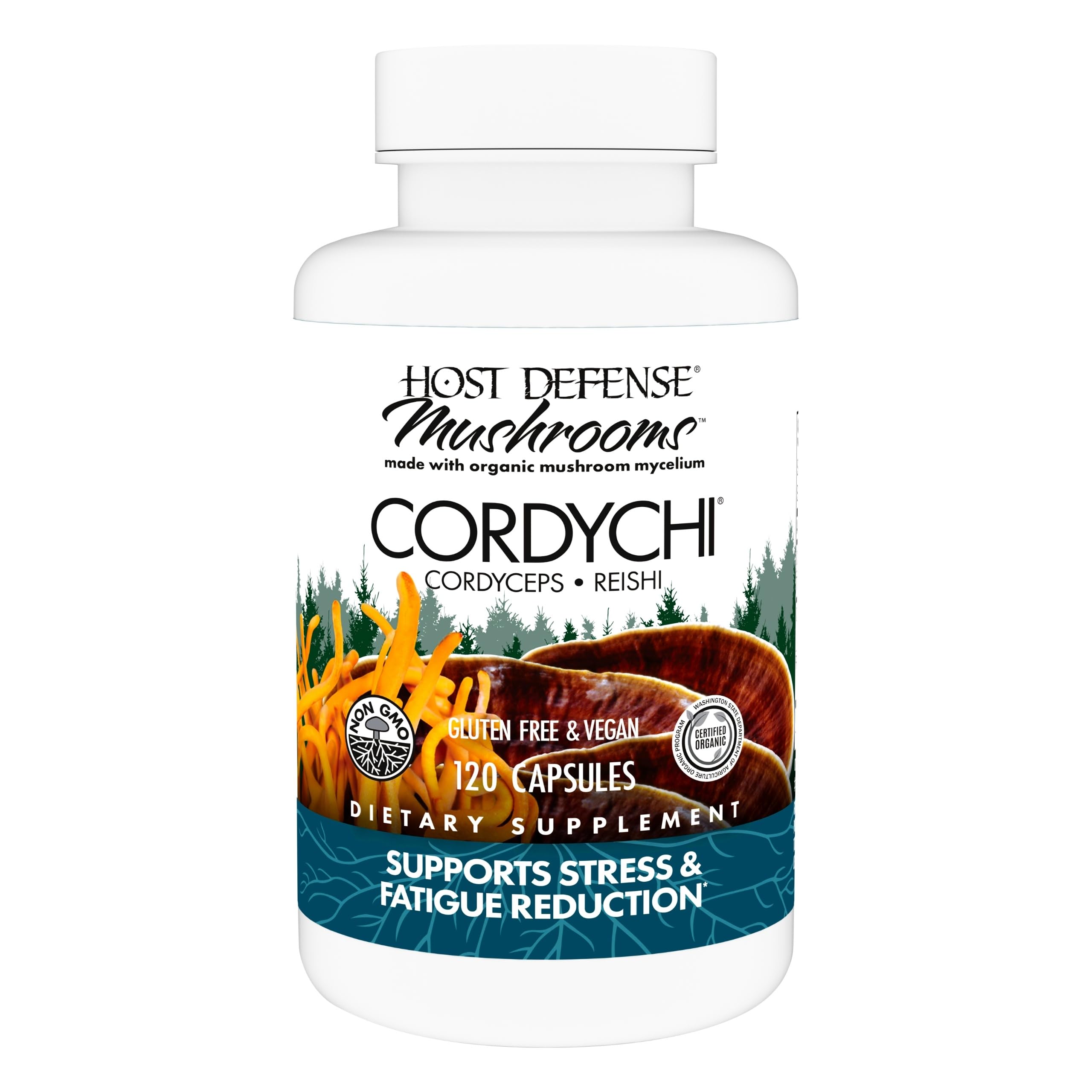 Host Defense CordyChi capsules bottle front view for daily energy and immune support.
