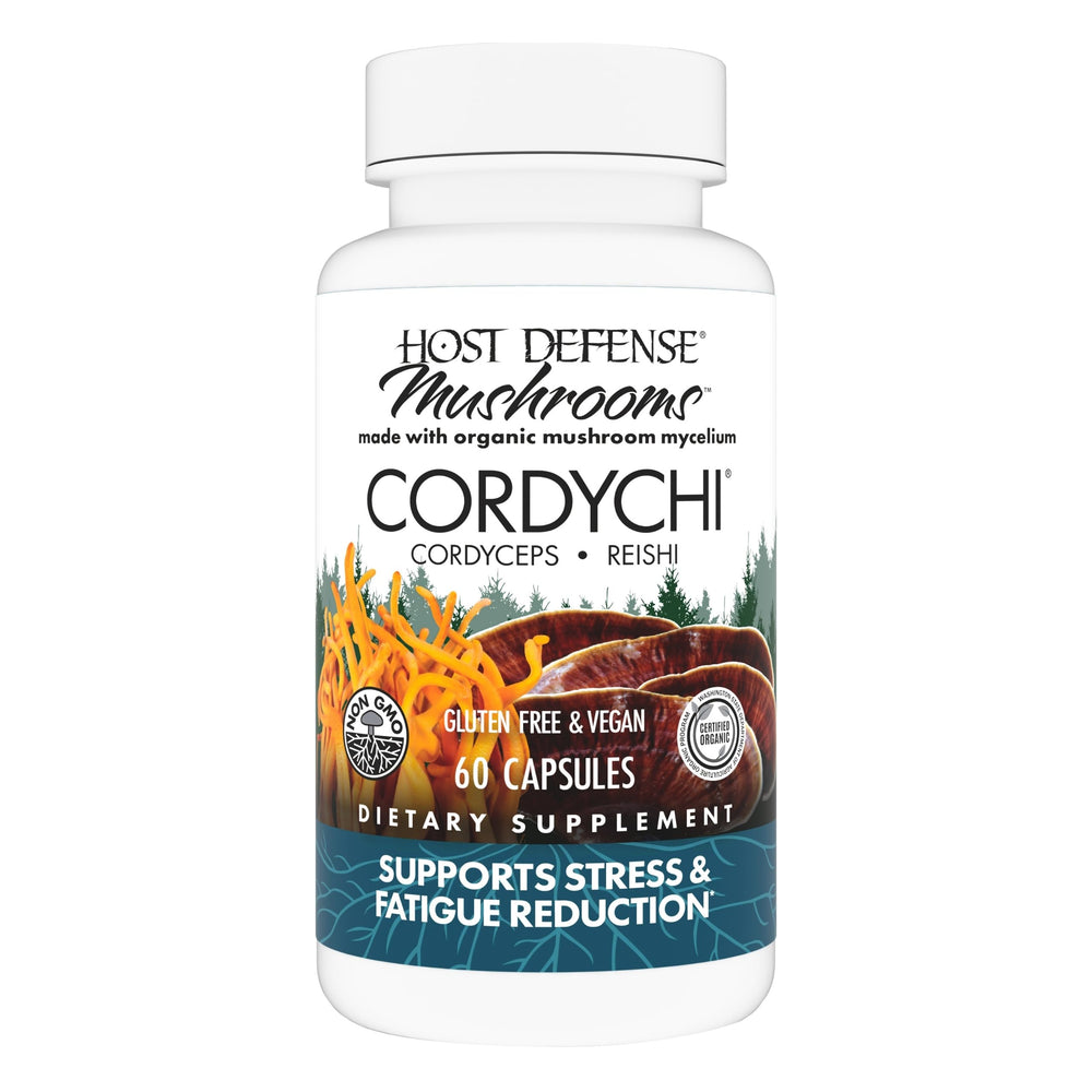 Host Defense CordyChi capsules in bottle for daily energy and immune support.