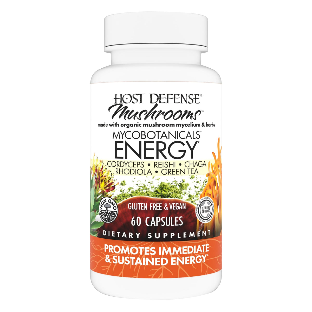 Host Defense MycoBotanicals Energy Capsules bottle pour for daily energy support