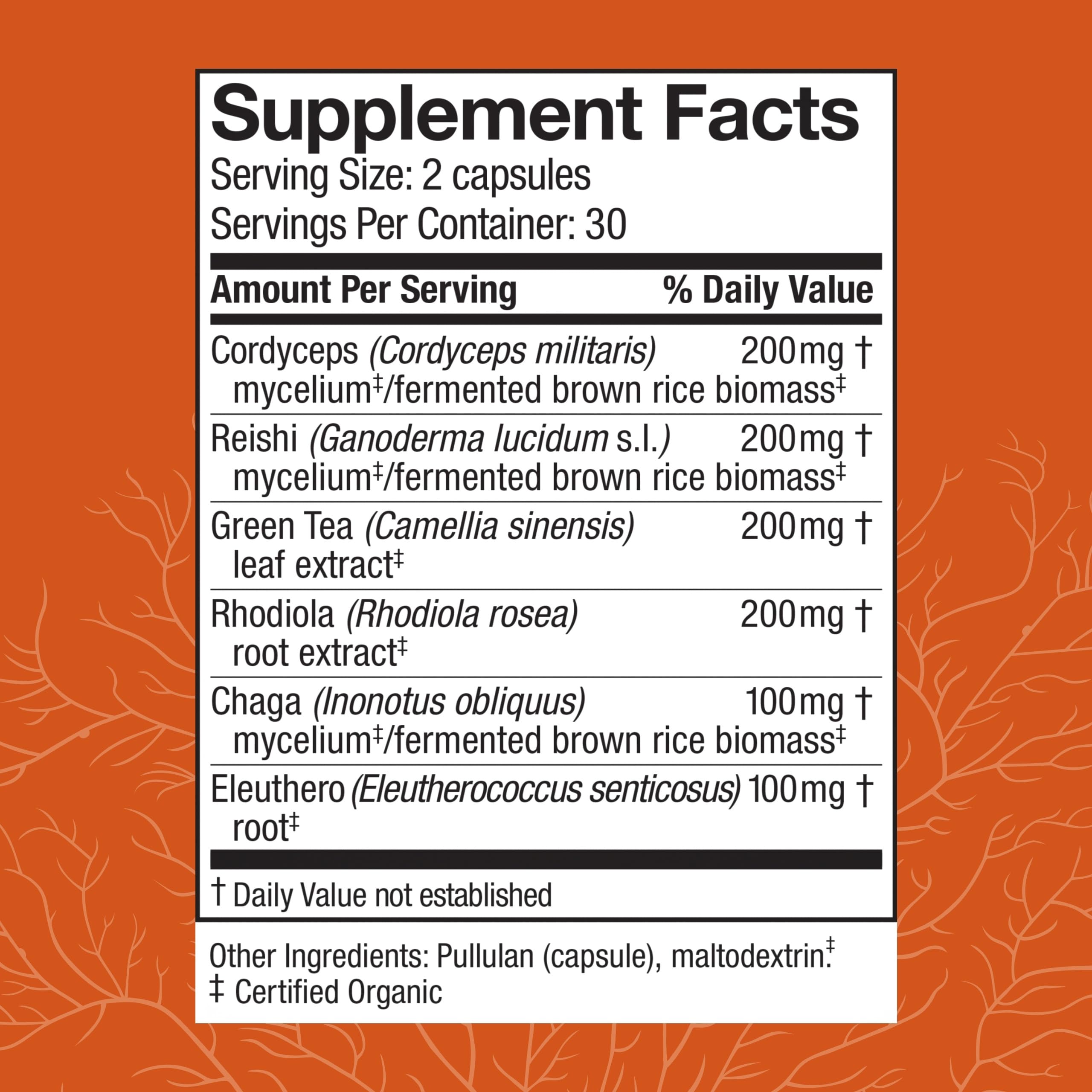 Host Defense MycoBotanicals Energy Capsules label close-up highlighting Cordyceps blend