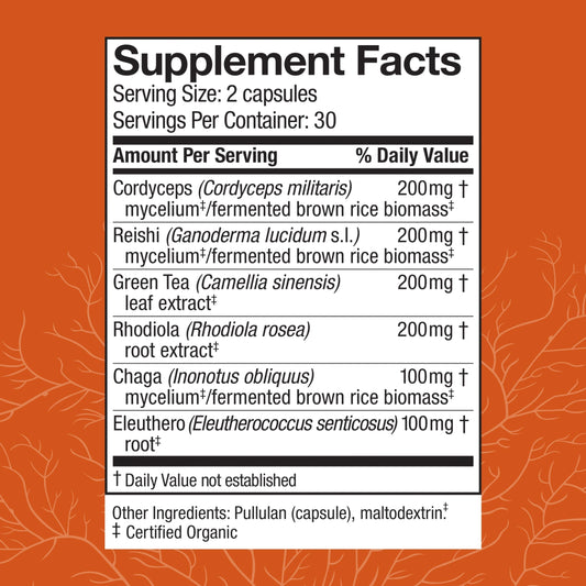 Host Defense MycoBotanicals Energy Capsules label close-up highlighting Cordyceps blend