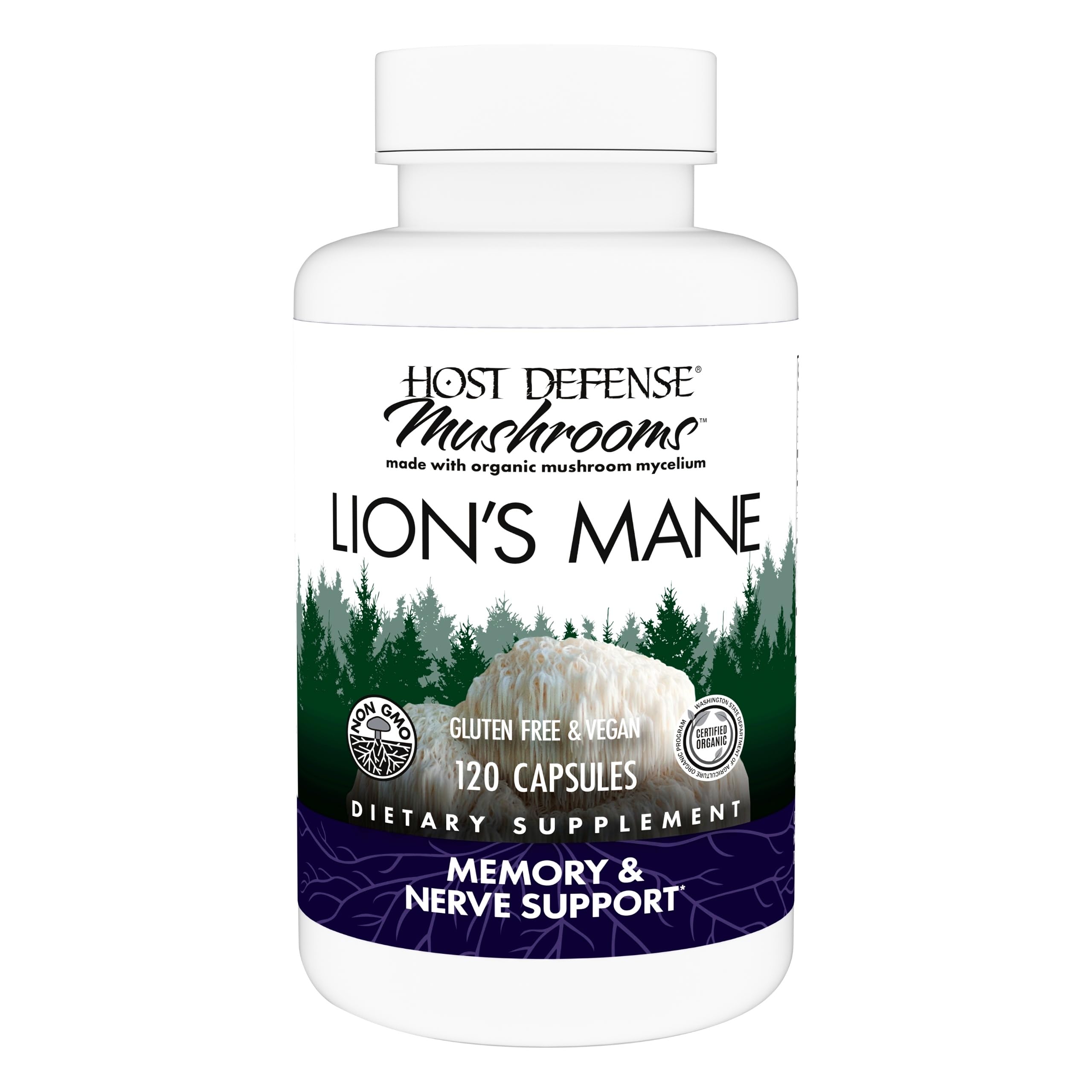 Host Defense Lion's Mane bottle label highlighting brain health support potential