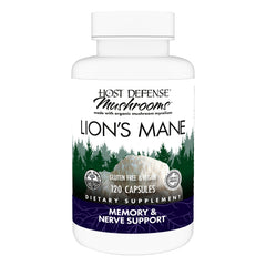 Host Defense Lion's Mane bottle label highlighting brain health support potential