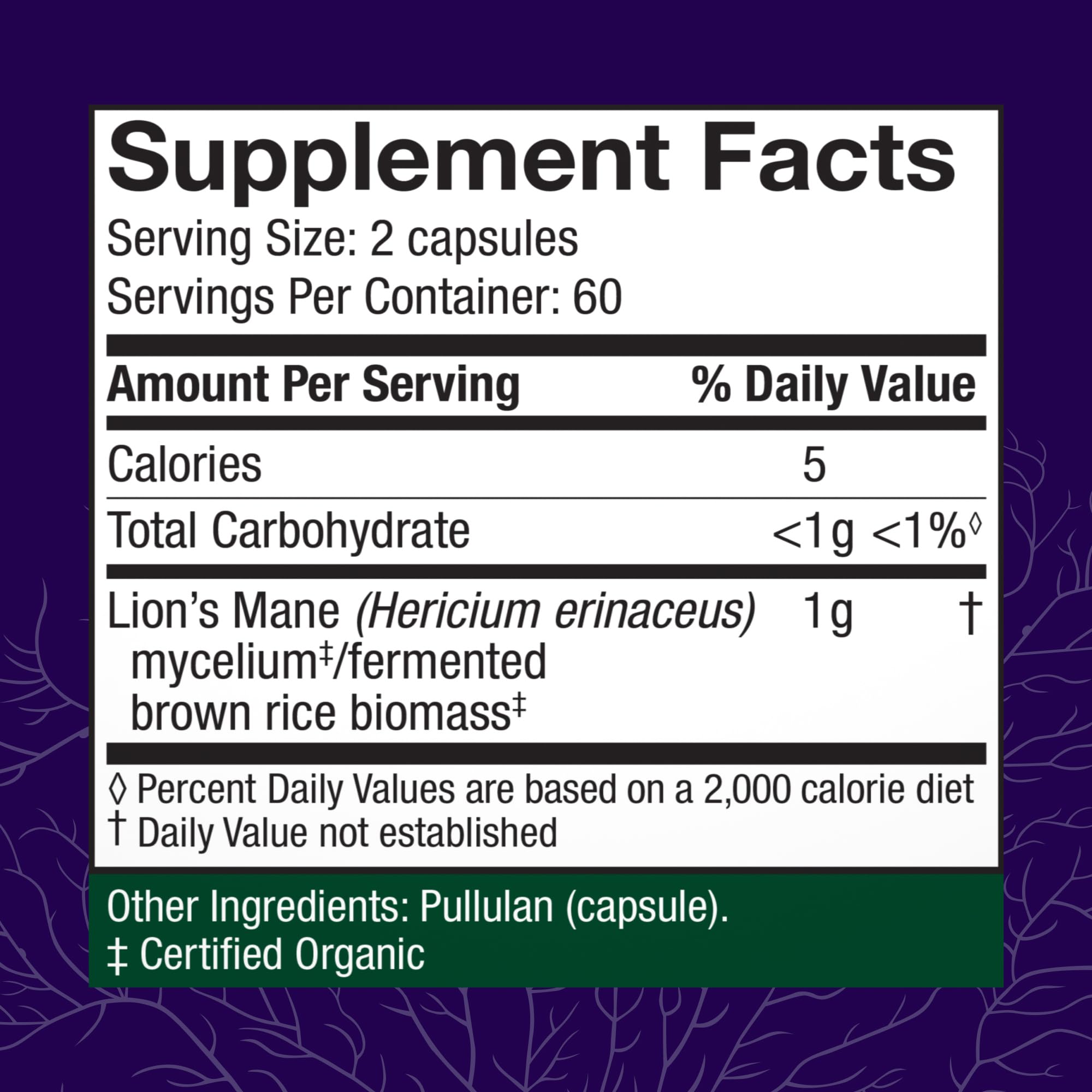 Host Defense Lion's Mane bottle label close-up highlighting organic mycelium