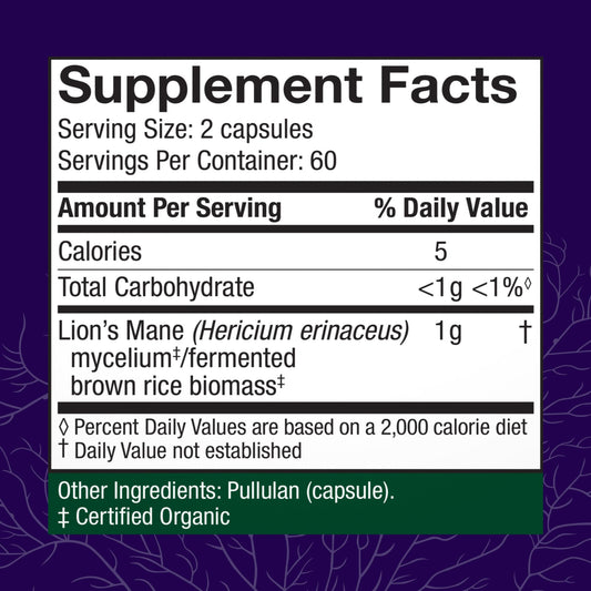 Host Defense Lion's Mane bottle label close-up highlighting organic mycelium