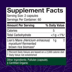 Host Defense Lion's Mane bottle label close-up highlighting organic mycelium