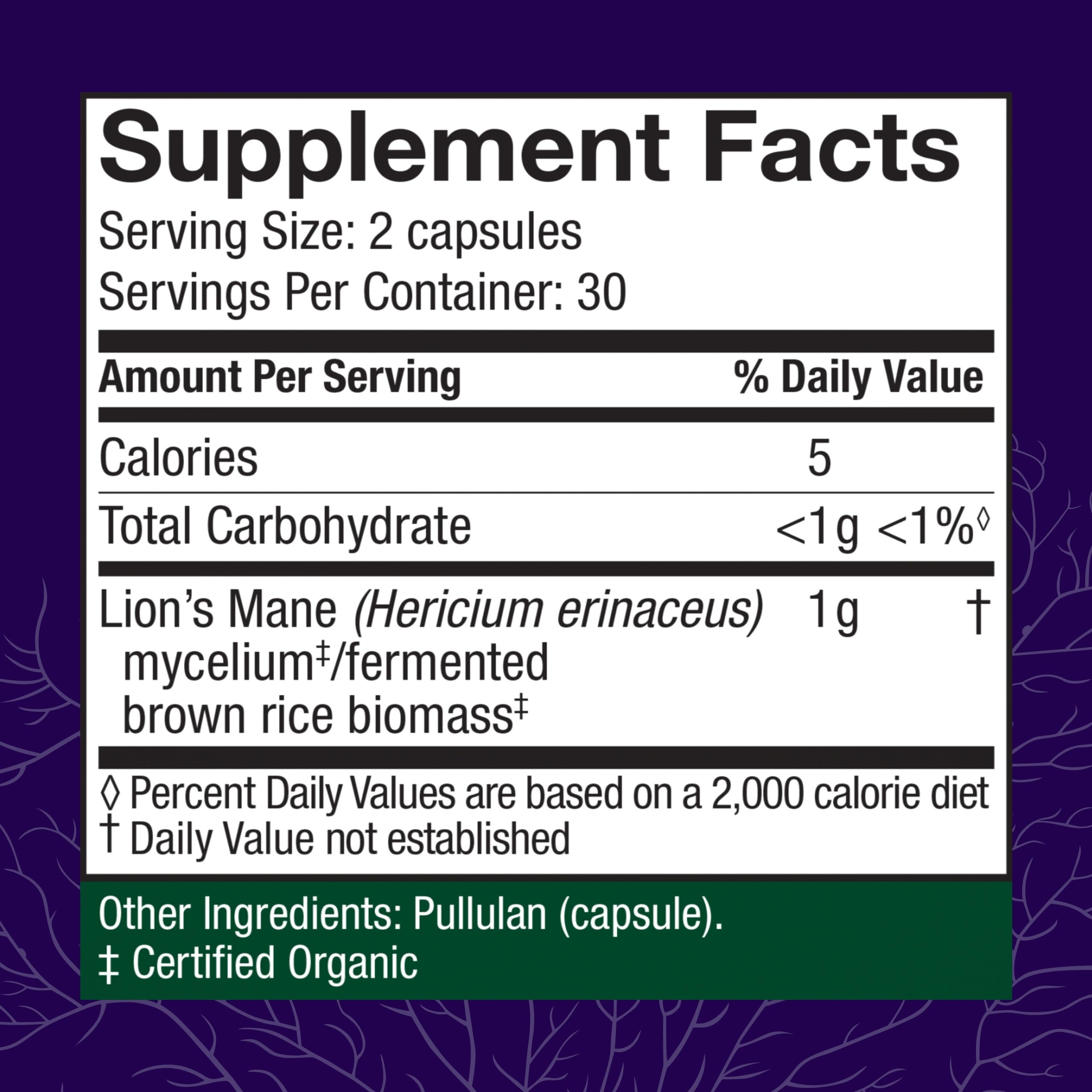 Closeup of Host Defense Lions Mane capsules highlighting focus support.