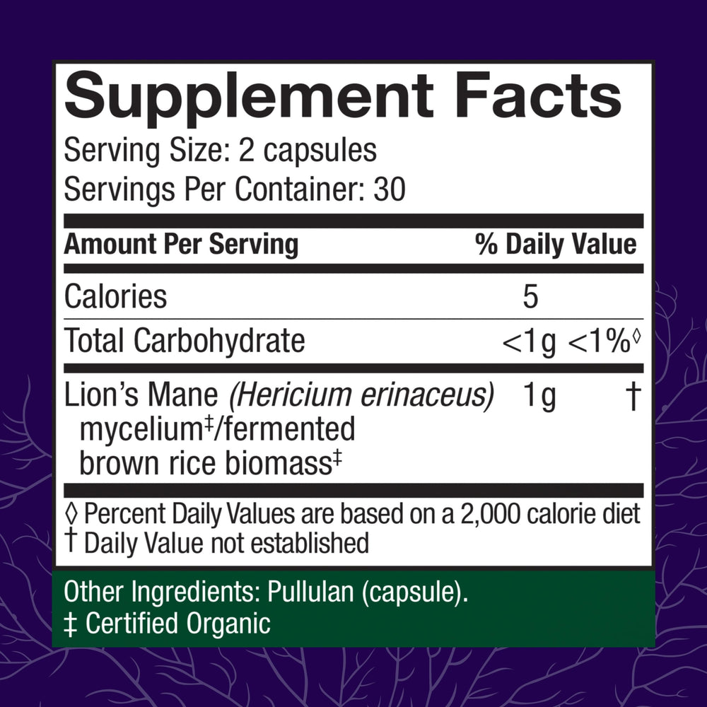 Closeup of Host Defense Lions Mane capsules highlighting focus support.
