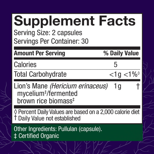 Closeup of Host Defense Lions Mane capsules highlighting focus support.
