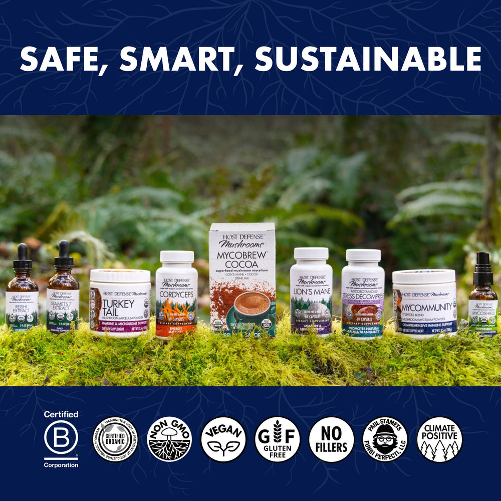 Host Defense Lions Mane packaging emphasizes gluten-free and non-GMO ingredients.