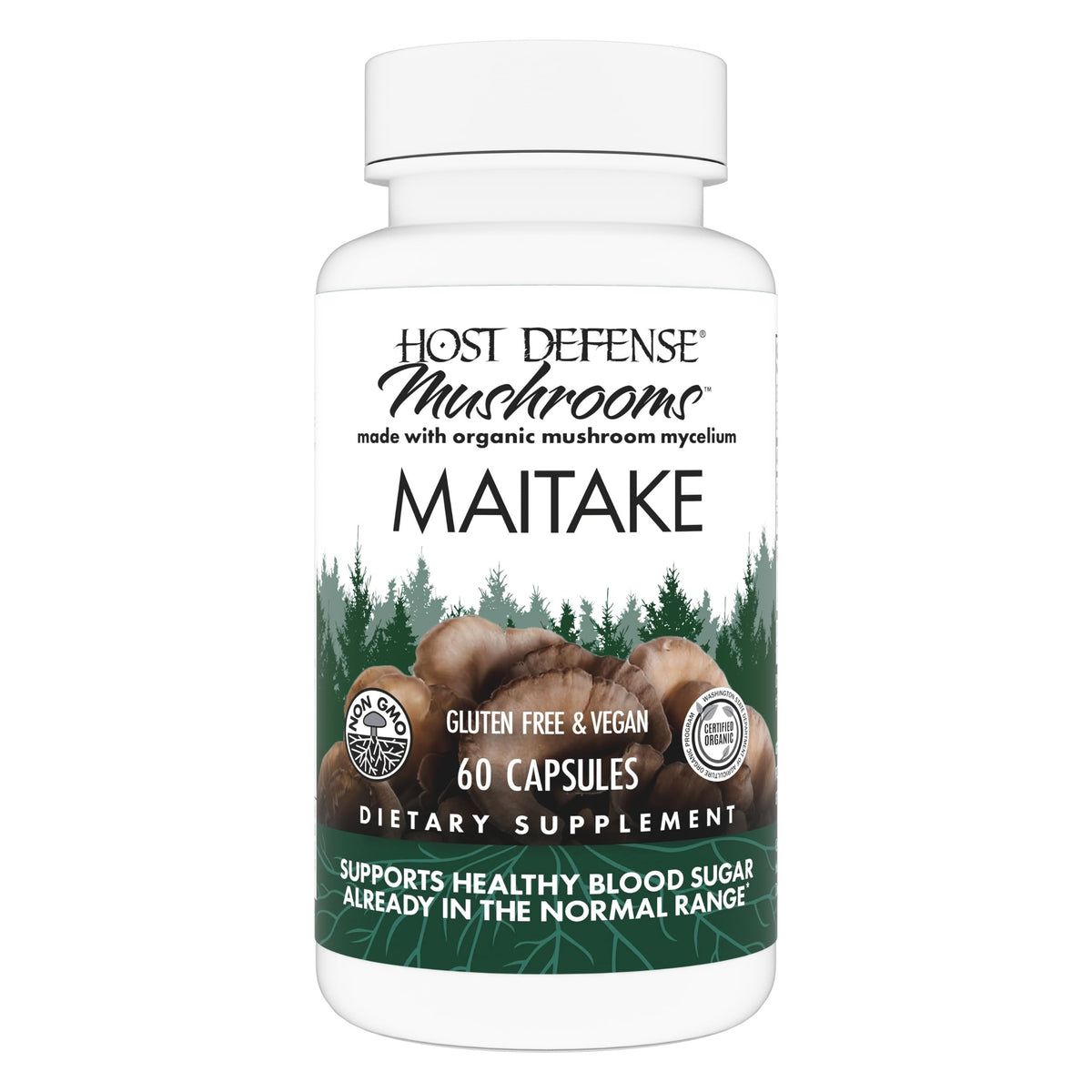Host Defense Maitake capsules bottle front view for daily immune support
