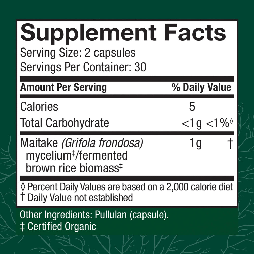 Host Defense Maitake capsules bottle side view showing portable supplement