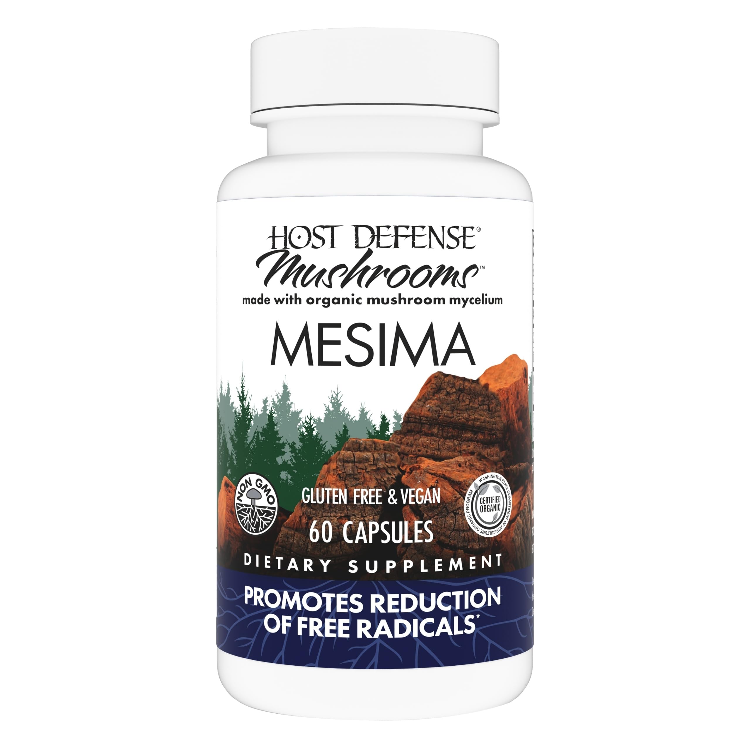 Host Defense Mesima capsules bottle close-up showing potential antioxidant support.