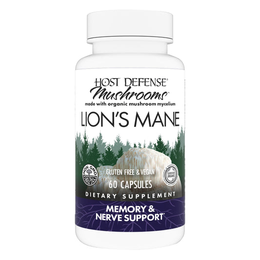 Host Defense Lions Mane bottle with capsules for daily brain support.