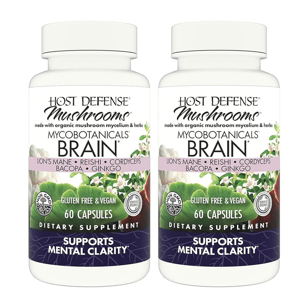 Host Defense MycoBotanicals Brain capsules bottle front showing potential cognitive support