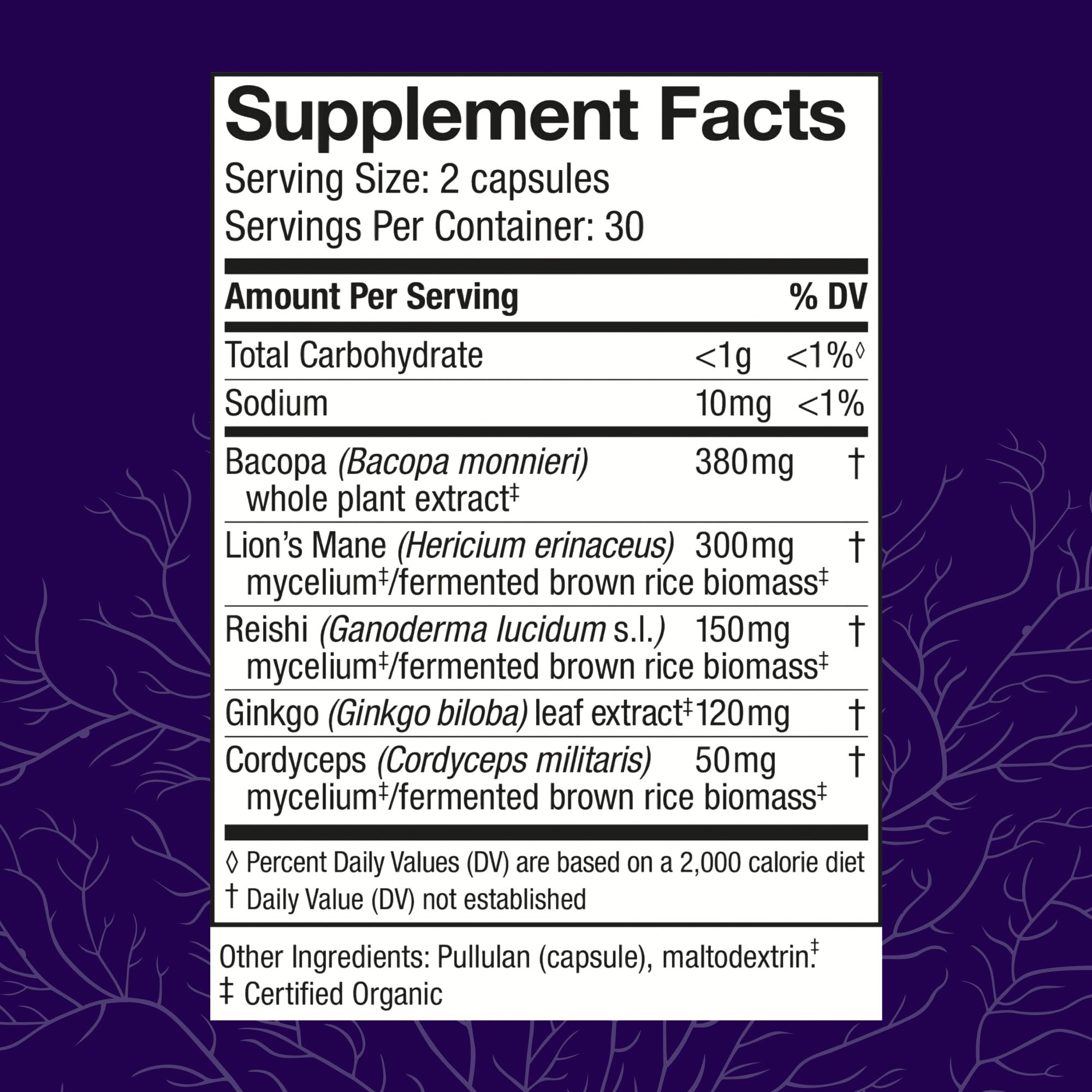 Host Defense MycoBotanicals Brain capsules label highlighting Lion's Mane and Reishi