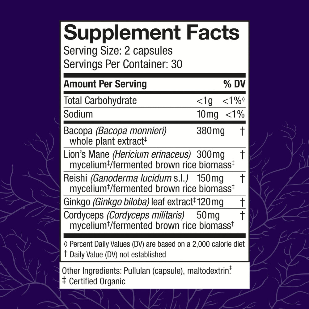 Host Defense MycoBotanicals Brain capsules label highlighting Lion's Mane and Reishi